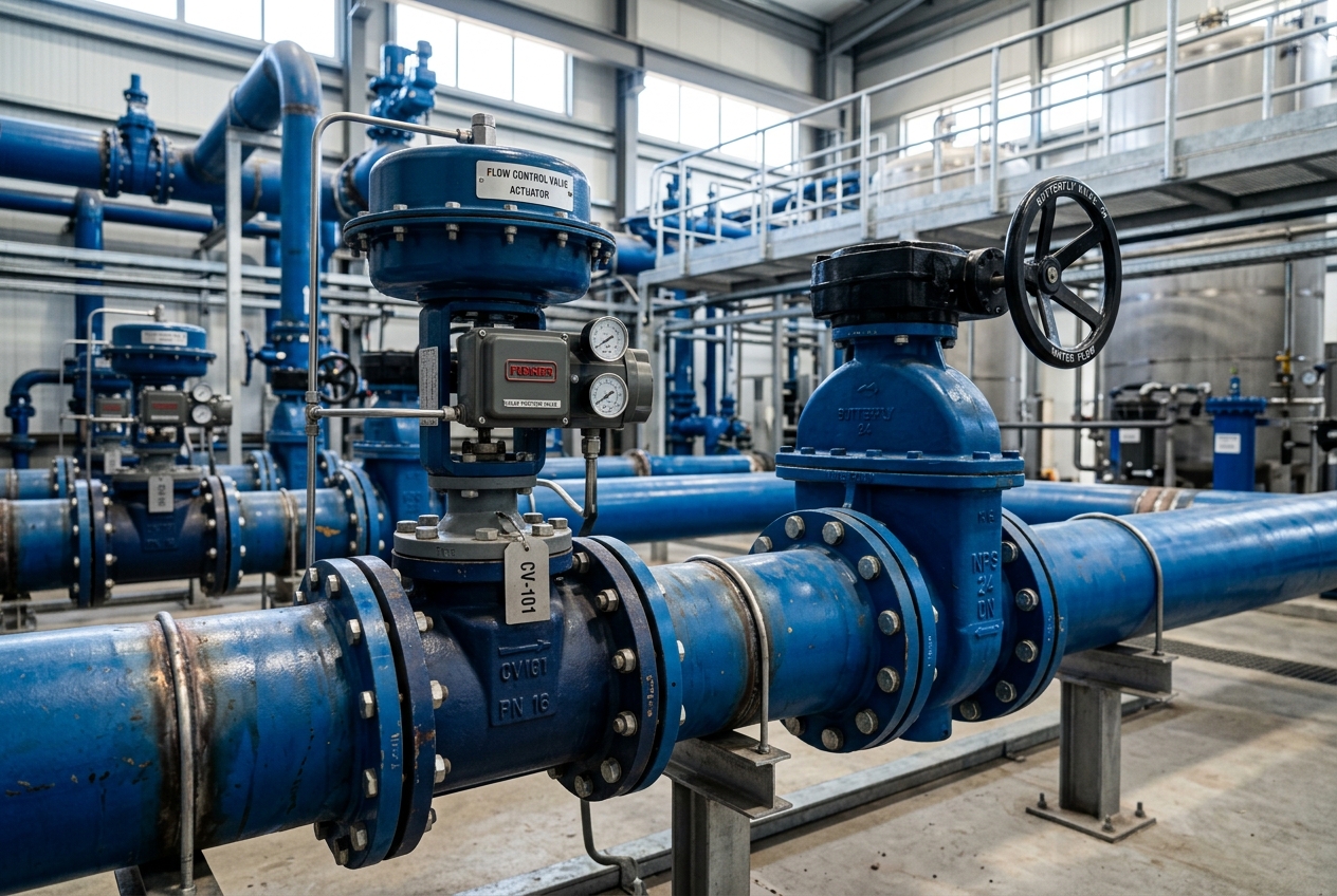Industrial butterfly and gate valves on blue pipes